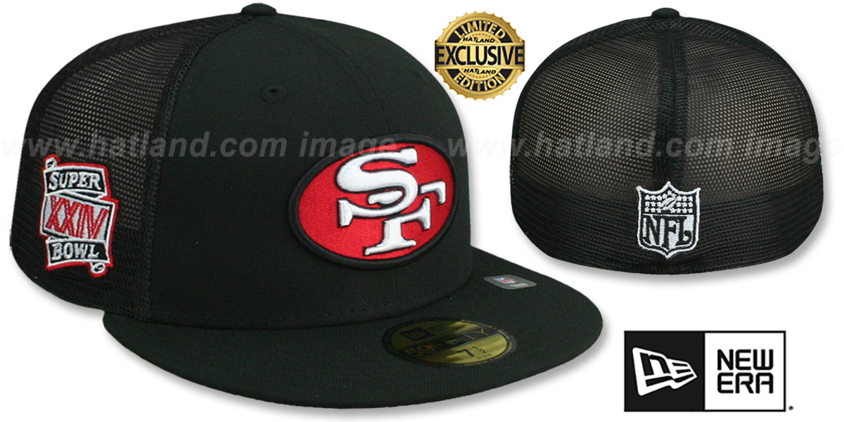 49ers SB XXIV 'MESH-BACK SIDE-PATCH' Black-Black Fitted Hat by New Era