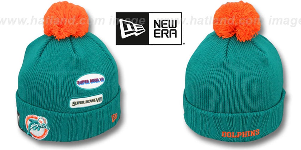 Dolphins 'SUPER BOWL PATCHES' Aqua Knit Beanie Hat by New Era