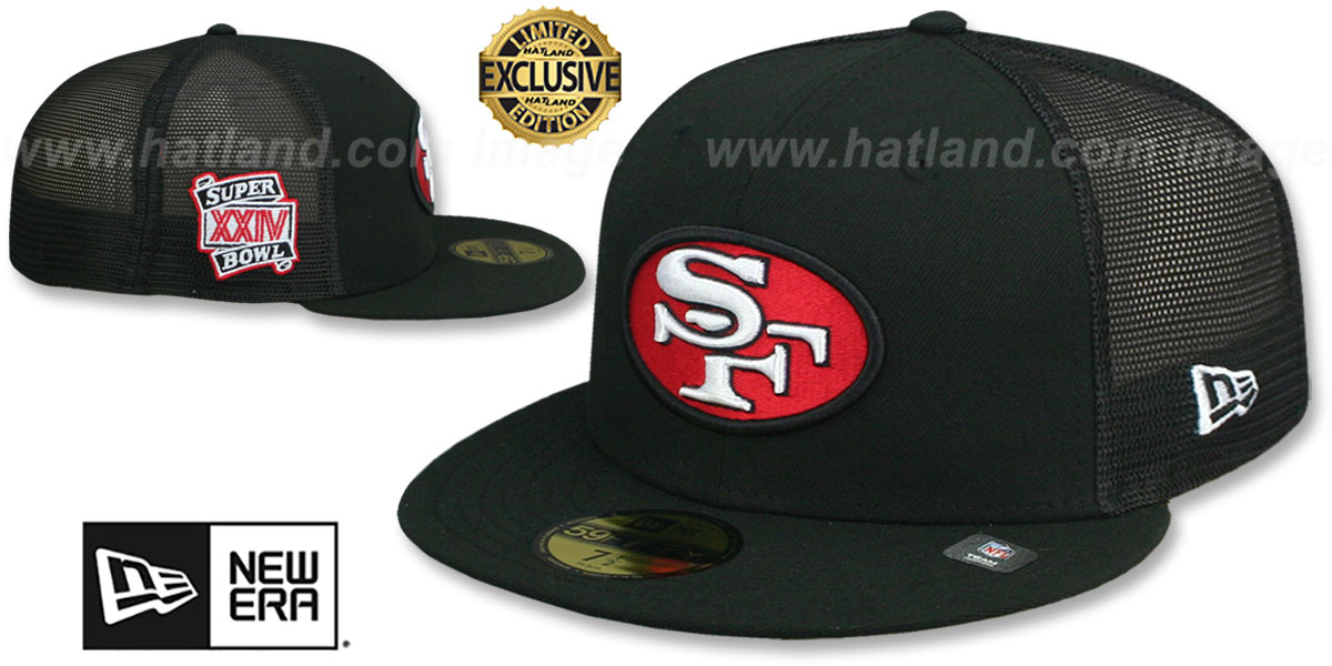 49ers SB XXIV 'MESH-BACK SIDE-PATCH' Black-Black Fitted Hat by New Era