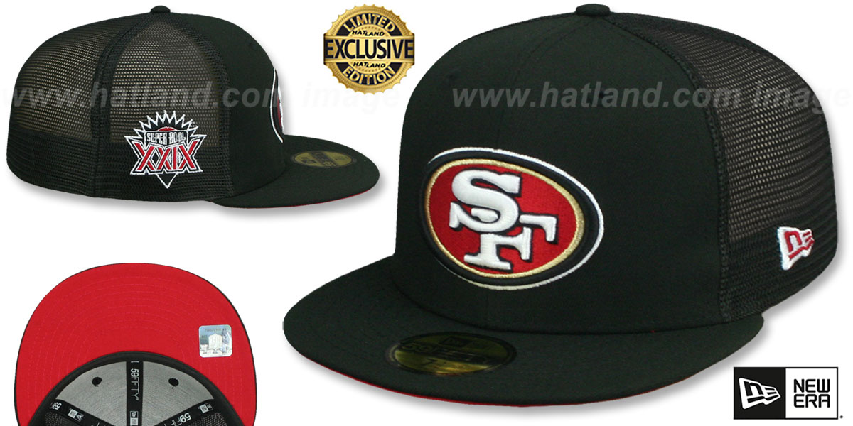 49ers SB XXIX 'MESH-BACK SIDE-PATCH' Black-Red Fitted Hat by New Era