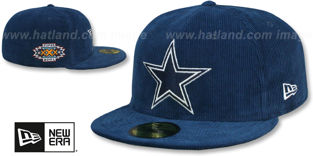 Cowboys 'OLD SCHOOL CORDUROY SIDE-PATCH' Navy Fitted Hat by New Era
