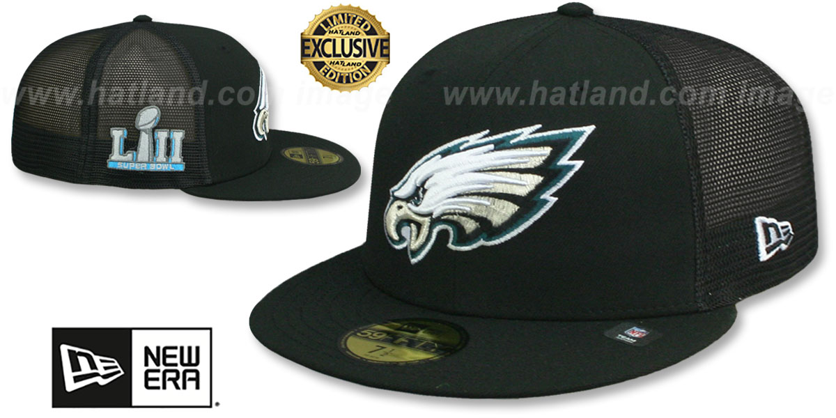 Eagles SB LII 'MESH-BACK SIDE-PATCH' Black-Black Fitted Hat by New Era