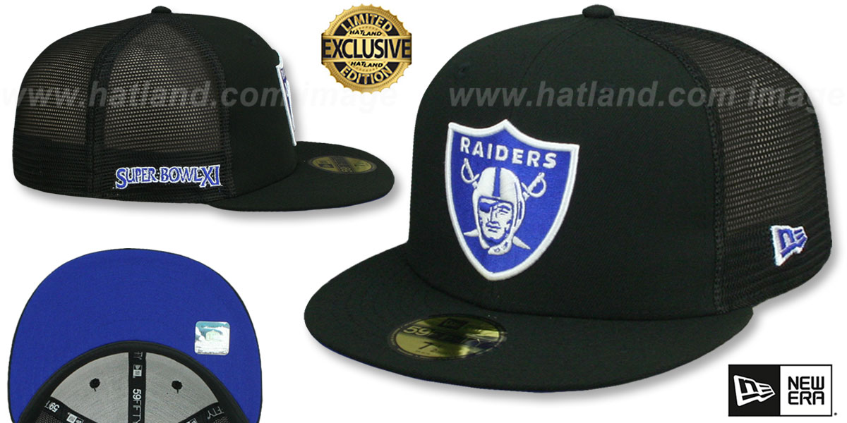 Raiders SB XI 'MESH-BACK SIDE-PATCH' Black-Royal Fitted Hat by New Era