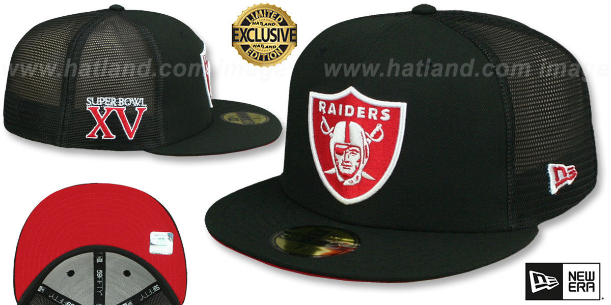 Raiders SB XV 'MESH-BACK SIDE-PATCH' Black-Red Fitted Hat by New Era