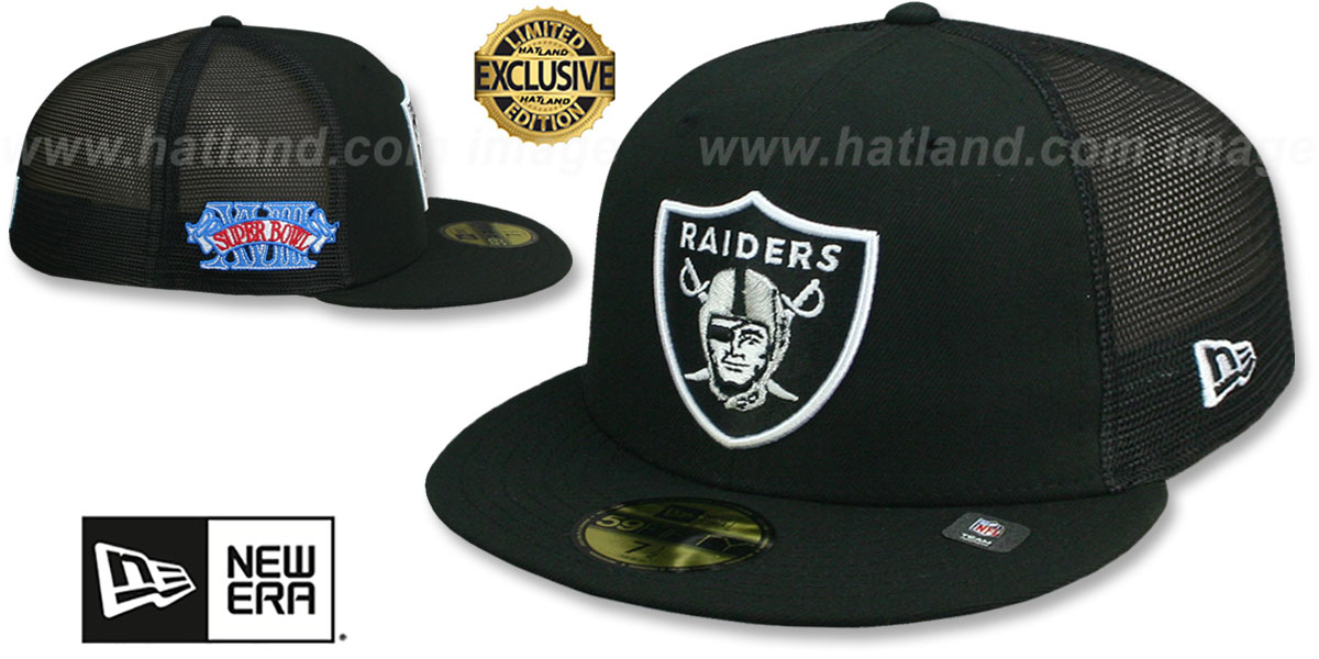 Raiders SB XVIII 'MESH-BACK SIDE-PATCH' Black-Black Fitted Hat by New Era