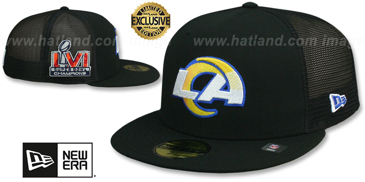 Rams SB LVI CHAMPS 'MESH-BACK SIDE-PATCH' Black-Black Fitted Hat by New Era