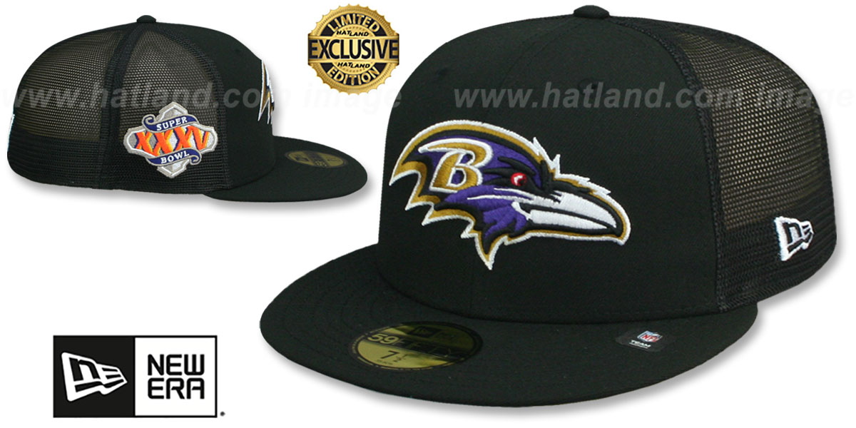 Ravens SB XXXV 'MESH-BACK SIDE-PATCH' Black-Black Fitted Hat by New Era