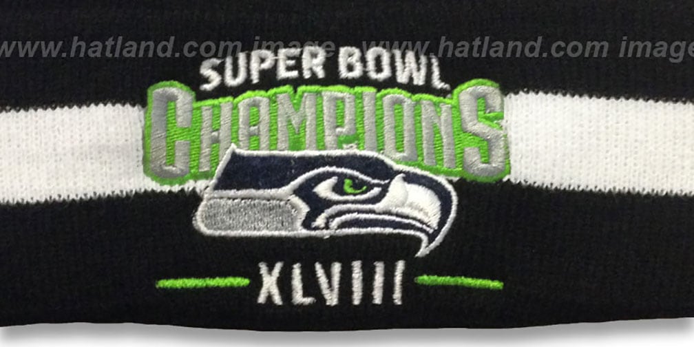 Seahawks 'SUPER BOWL XLVIII CHAMPS ' Black-White Knit Beanie Hat by New Era