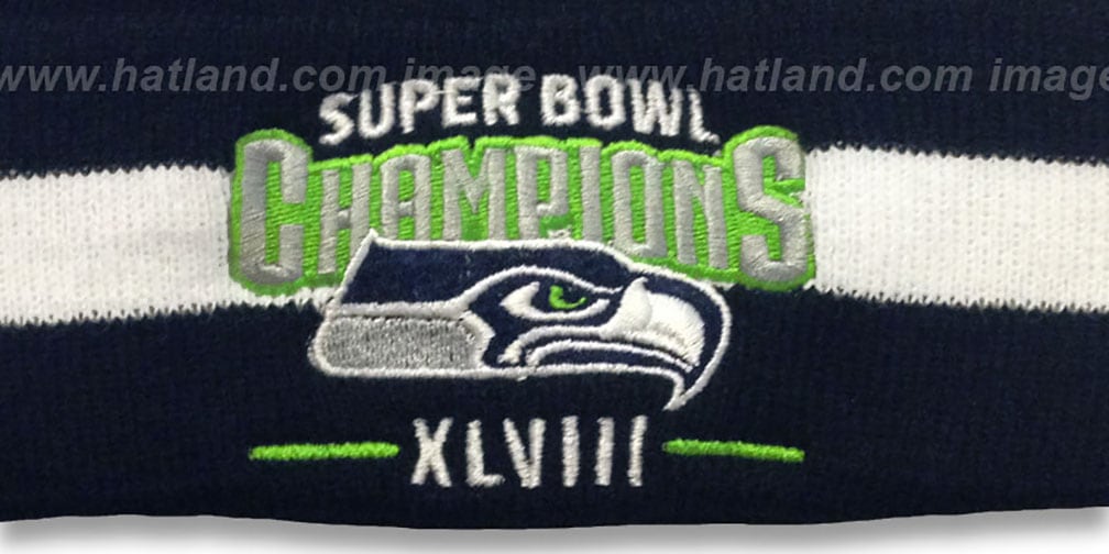 Seahawks 'SUPER BOWL XLVIII CHAMPS ' Navy-White Knit Beanie Hat by New Era